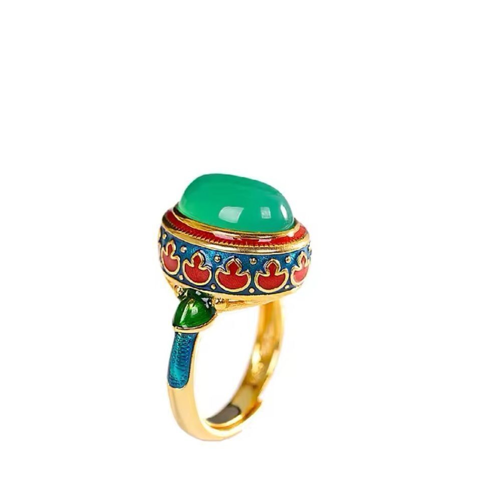Enamel Ring with Green Stone in Oriental Style - Picture 3 of 10